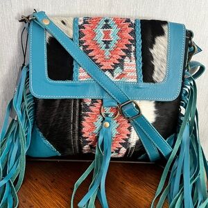 New Myra Bag Leather/Hair-on Cowhide Tapestry Fringe Boho Western Crossbody Bag